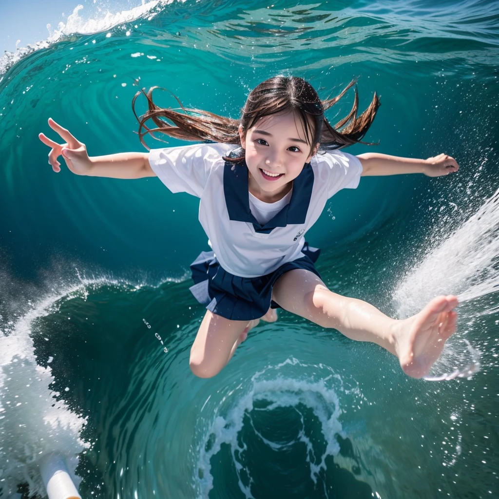 1girl,masterpiece, 12 years old;beautiful girl、8K quality, High definition, realistic pictures, professional writing, There is a woman jumping in the air from underwater to the sky., ((A pose that looks like dancing with the face facing upwards)), face upwards, dance in the air,artistic swimming, jump towards the viewer, jump towards viewer, she is floating in the air, jump into the air, jump on the audience, jump, jump with arms up, floating in the air, floating on the ground, Jump for joy, jump pose, horizontally jump!!!, wearing a sailor suit, high school girl,((Big wave crashing down)), ((Splashes of water splashing from the body)), Clear blue sky and white clouds, Sunlight flares