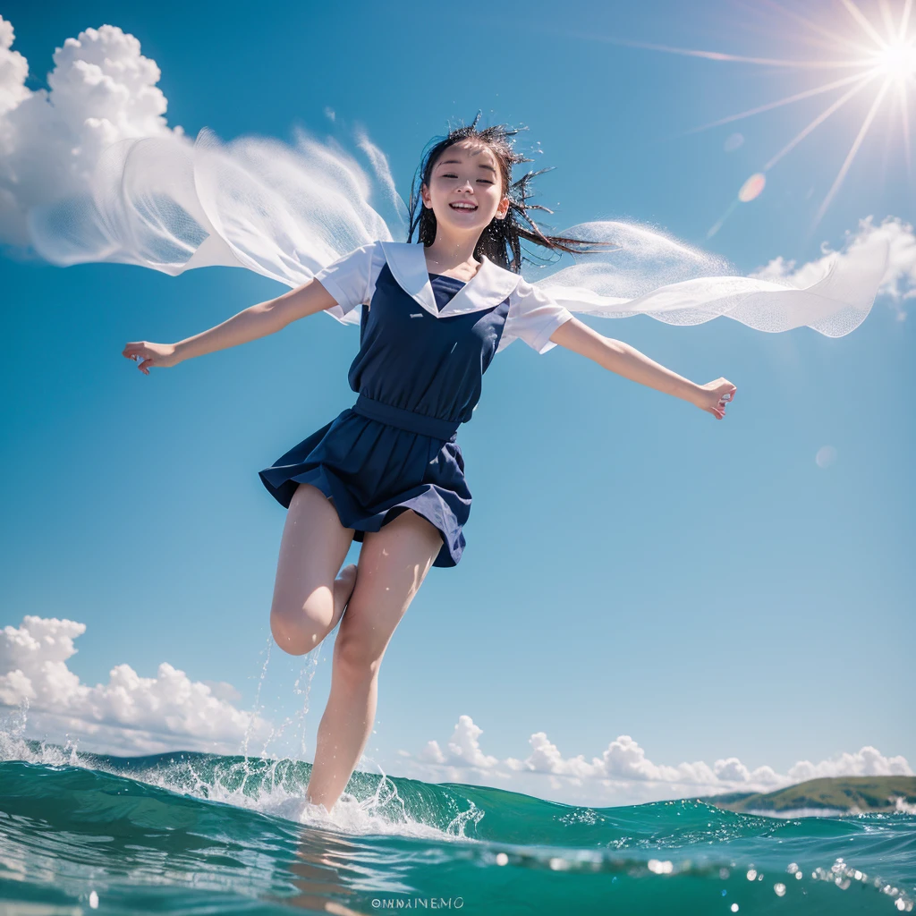 1girl,masterpiece, ;beautiful girl、8K quality, High definition, realistic pictures, professional writing, There is a woman jumping in the air from underwater to the sky., ((A pose that looks like dancing with the face facing upwards)), face upwards, dance in the air,artistic swimming, jump towards the viewer, jump towards viewer, she is floating in the air, jump into the air, jump on the audience, jump, jump with arms up, floating in the air, floating on the ground, Jump for joy, jump pose, horizontally jump!!!, wearing a sailor suit, high school girl,((Big wave crashing down)), ((Splashes of water splashing from the body)), Clear blue sky and white clouds, Sunlight flares