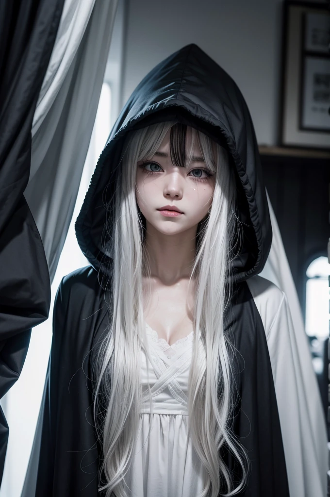 Make an anime manga dash image, She is a woman with huge white hair and empty dark eyes., she wears a dark cloak, Your expression is like crying with happiness