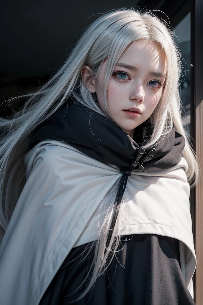 Make an anime manga dash image, She is a woman with huge white hair and empty dark eyes., she wears a dark cloak, Your expression is like crying with happiness