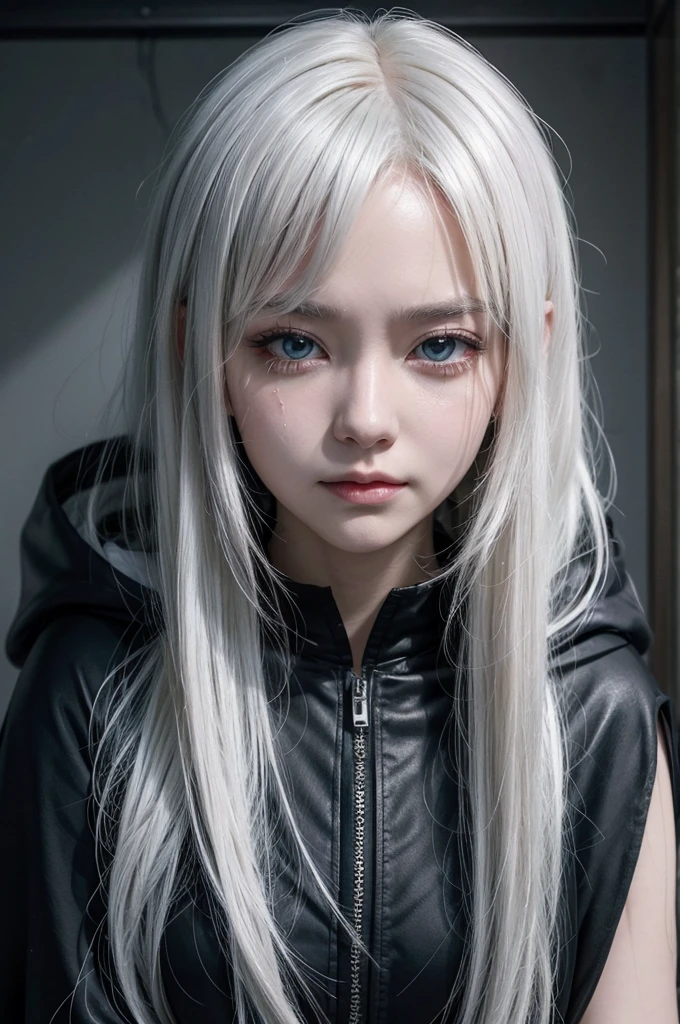Make an anime manga dash image, She is a woman with huge white hair and empty dark eyes., she wears a dark cloak, Your expression is like crying with happiness