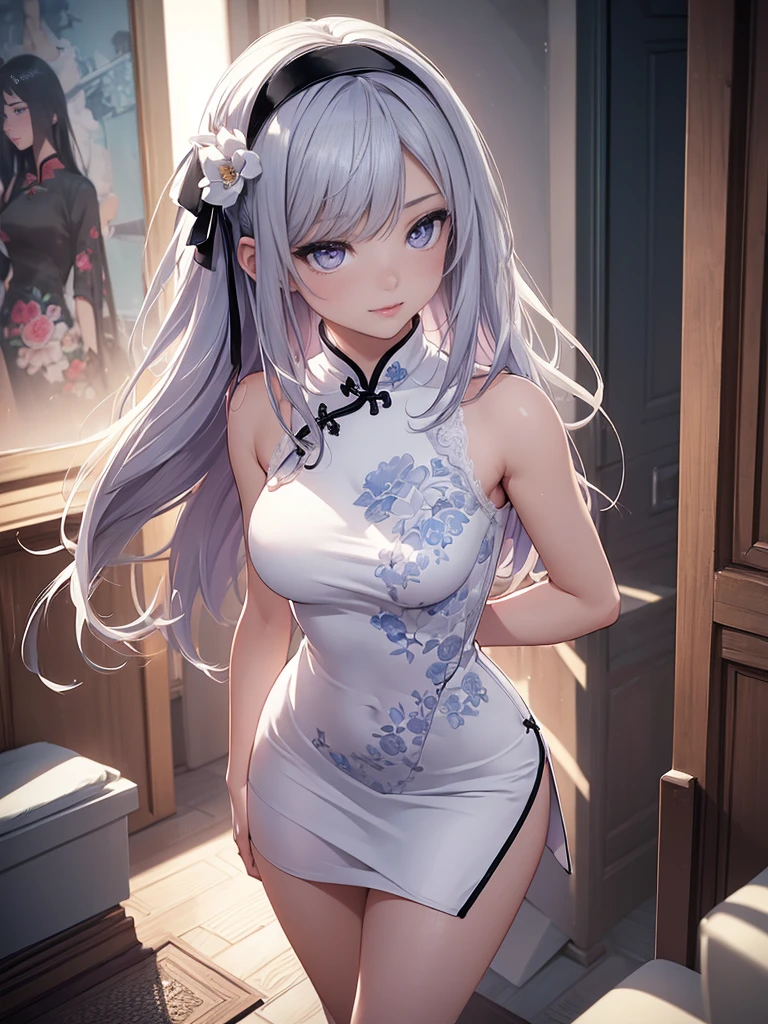 (((1girl, solo))), (full body, full body front:1.5), ((standing)), (perfect anatomy, perfect hands, perfect legs, perfect body), beautiful body, natural proportions BREAK
(((extremely detailed face))), (beautiful detailed eyes:1.6), (realistic pupils, realistic iris:1), expressive eyes, looking at viewer, (clear eyes:1.3), (hyperrealistic:1.2), (detailed skin texture:1.2), smooth skin, ((purple eyes)), ((silver hair)), silver hair with blue tips, long hair, (hairband:1.3), ((black hairband)), bangs, ((hair ornament)), (smile), blush, large breast, (detailed lips:1.3), (attractive lips:1.2), (glossy lips:1) BREAK
((a sexy woman dressed in a mini qipao dress)), qipao, ((white qipao:1.5)), (mini qipao:1.5), dress, ((china dress)), (mini dress:1.5), (bare legs:1.3), ((chinese clothes)), ((high slit qipao)), thighs, ass visible through thighs, ((bare shoulders)), high heels BREAK
(minimal background:1.1), (simple background:1.1) BREAK
(masterpiece:1.2), anime-style, top quality, best quality, (beautiful and aesthetic:1.2), (ultra detail:1.3), Ultra-detailed depiction, Ultra-precise depiction, extremely detailed 8k illustration, high resolution, (highly detailed shading), (realistic lighting:1.2), perfect lighting, vibrant colors, dynamic tones, striking hues, 8k, absurd resolution, perfect shadows, hdr, UHD, ambient lighting, realistic, ultra-realistic, photo realistic, highly detailed, rich detail, luminous colors, fine texture, intricate design, professional illustration, (soft light:1.2), (illustration:0.8)