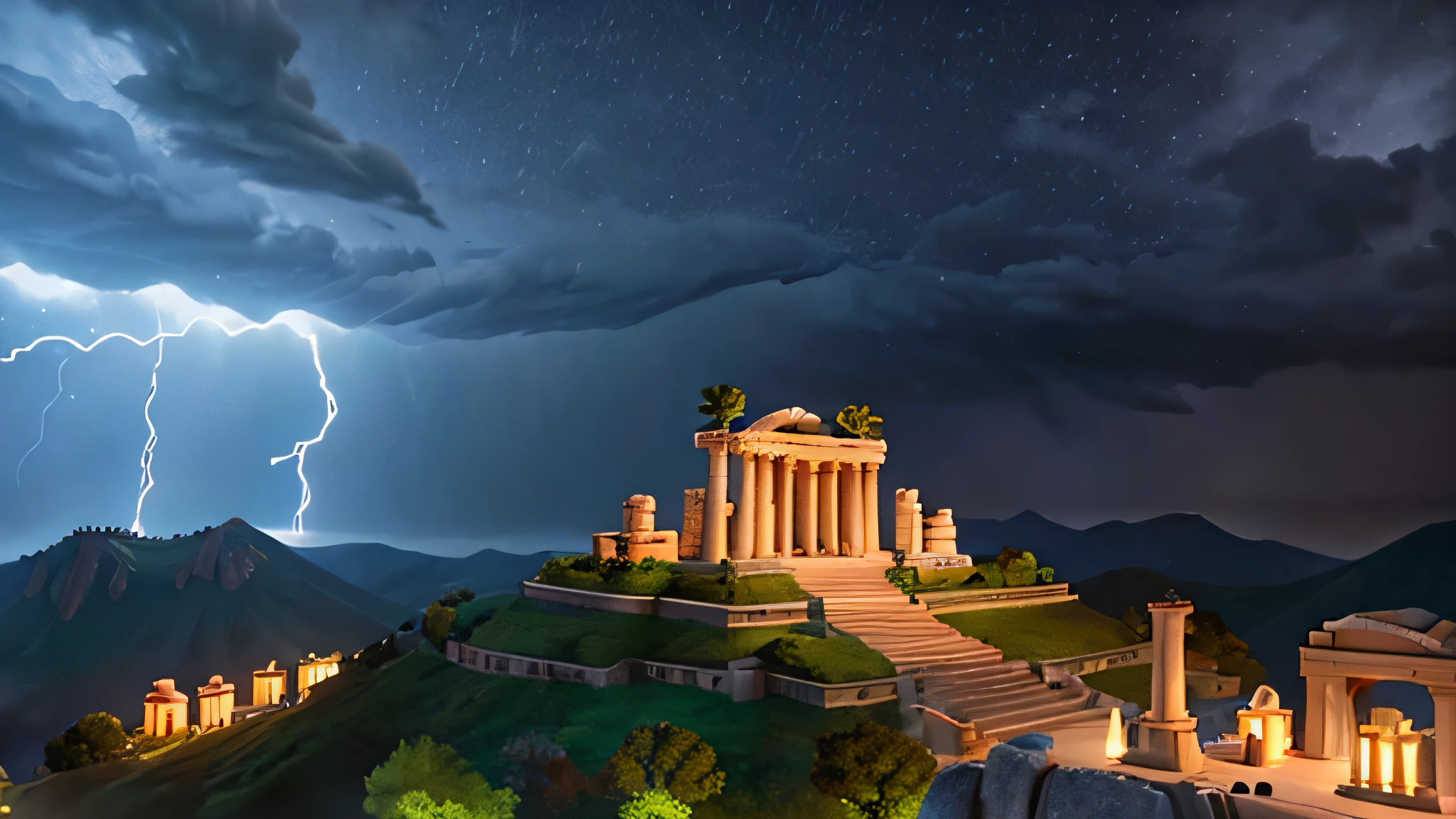 A panoramic view of Mount Olympus, with a Greek temple at the very top on a (((stormy night))) Style: Disney pixar 3d animation