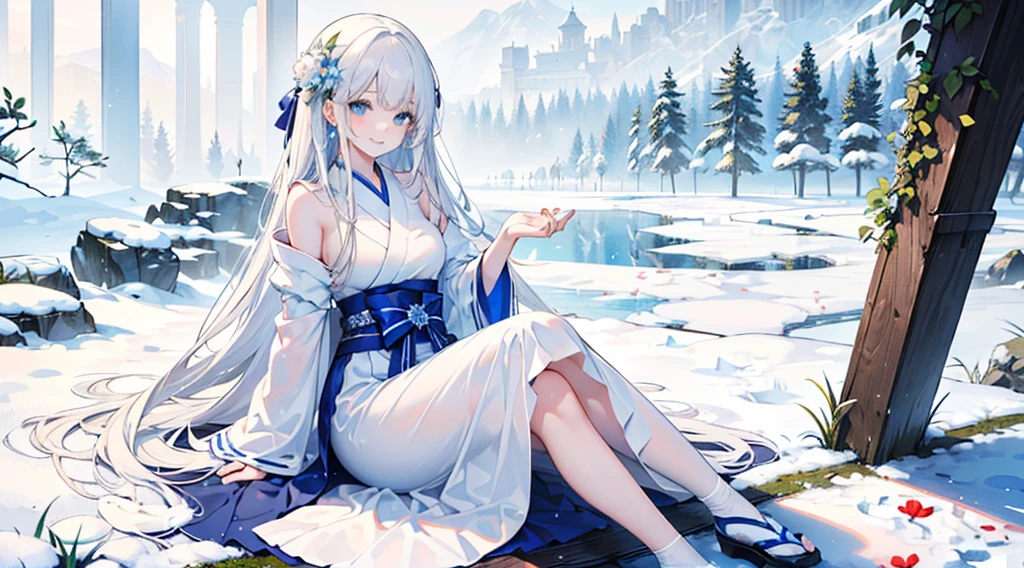 ((best quality，masterpiece，Extremely complex and exquisite details，There is only one sweet and beautiful girl with long white straight hair and blue eyes，Smile，long skirt))，(Exquisite light blue and white Japanese clothing，Beautiful bright and exquisite snow white ancient style high transparent architectural background)，(correct anatomy，exquisite face)，(touch flowers，Snow，Falling Flowers，Majestic and elegant outdoors)，((Long-distance full body picture of a single person，sitting))，sweet atmosphere