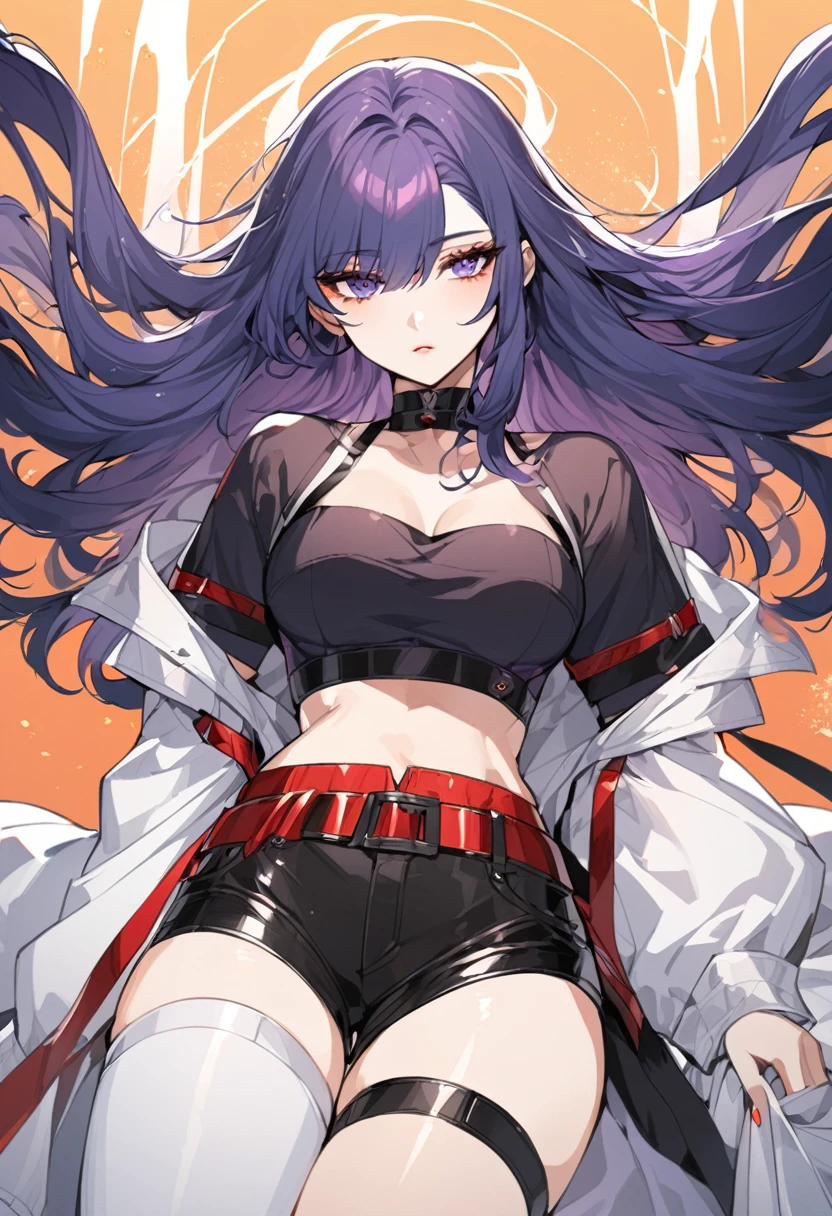 One a beautiful and calm woman, she has dark blue hair mixed with light purple hair at the ends of her hair, she wears black shorts and she wears a dark purple top with a red belt accessory and accessories are a pair of black and white thigh straps. Manhwa style.  