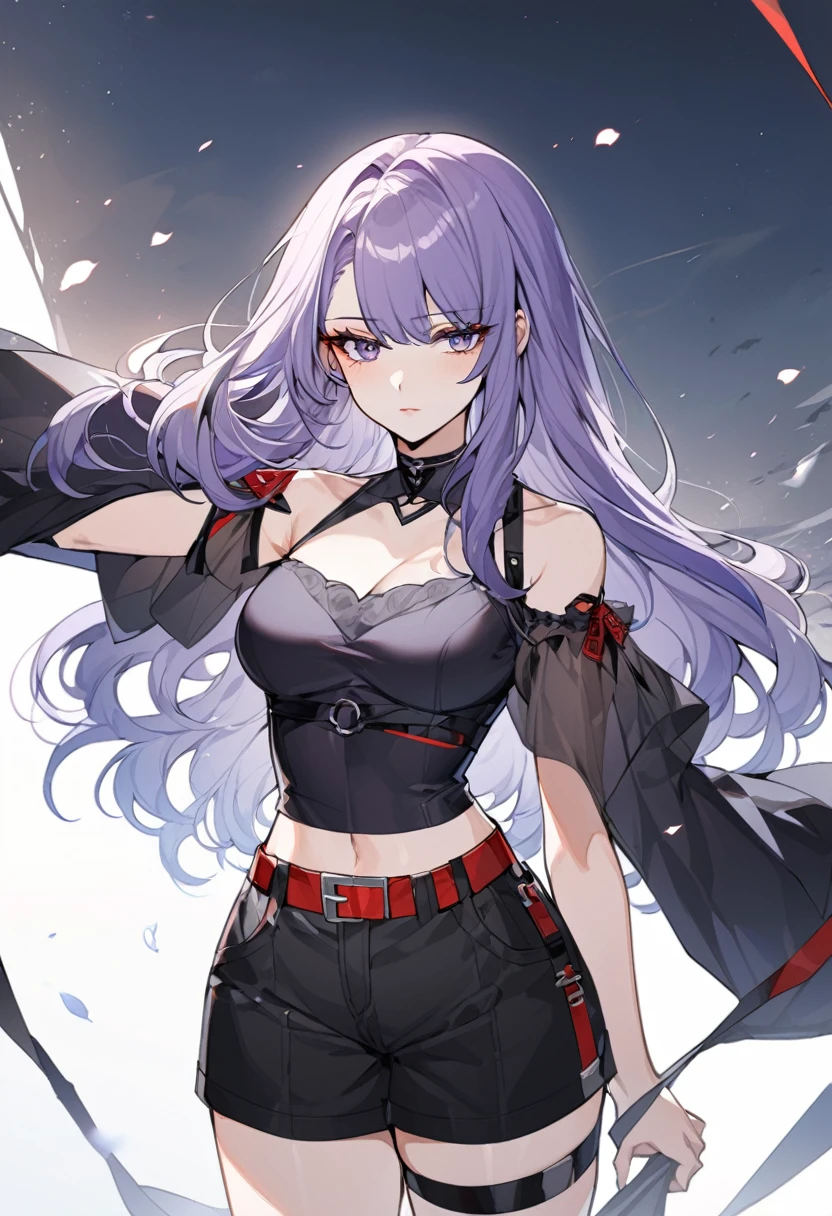 One a beautiful and calm woman, she has dark blue hair mixed with light purple hair at the ends of her hair, she wears black shorts and she wears a dark purple top with a red belt accessory and accessories are a pair of black and white thigh straps. Manhwa style.  