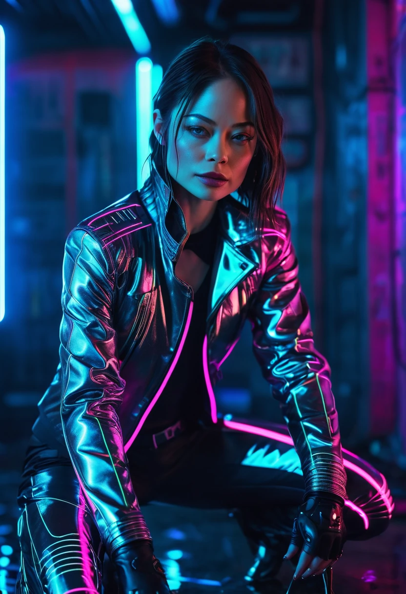 A closeup of Kristin Kreuk in a neon suit, cyberpunk atmosphere, cyberpunk with neon lights, Bright cyberpunk light, crouched,Cyberpunk vibes, cyberpunk lighting, cyberpunk style, neon cyberpunk style, in cyberpunk style, look cyberpunk, cyberpunk dreamy girl, Cyberpunk&#39;s photo, neon cyberpunk, cyberpunk aesthetic, cyberpunk streetwear, cyberpunk aesthetic, Cyberpunk art style, Cyberpunk streetwear goalie,You know, perfect fingers,neon hair color, Detail texture, hair detail,Long neon black pants, beautiful face,wavy fur,Detailed neon black shoes.,
