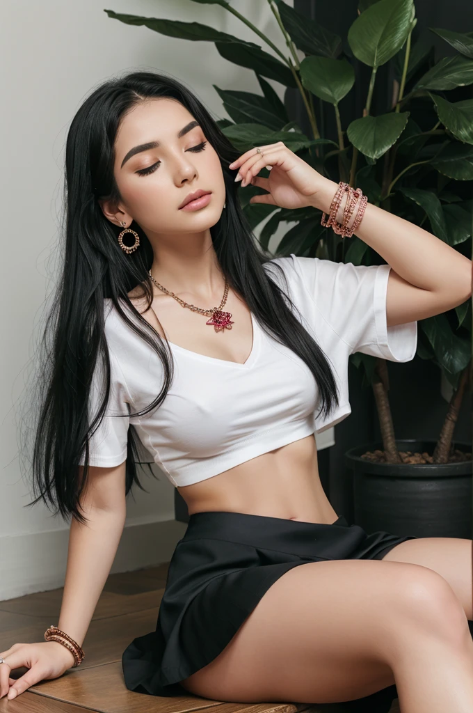1girl, jewelry, 1boy, flower, black_hair, necklace, bracelet, rose, earrings, long_hair, ring, sitting, holding_flower, shirt, midriff, hetero, realistic, breasts, skirt, crop_top, makeup, couple, holding, long_skirt, closed_eyes, white_shirt, looking_at_viewer