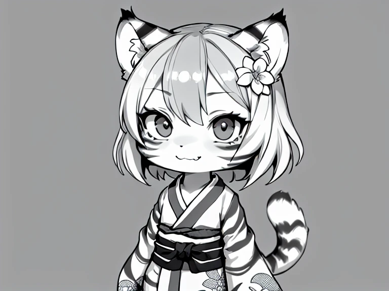 (masterpiece, High quality, Best quality, 8k, High resolution), ((chibii style, chibi cute)), (solo, 1  girl), {tiger girl, tiger face, 1 fang, long eyelashes, eyeliner} {tiger whiskers}, (((Tiger skin all over the body, Tiger stripes on the body))), (short hair), ((smile)), ((close mouth)), [black pupile], ((looking at viewer)), (flat chest), thin arms, ((traditional kimono)), {Flower pattern on the kimono}, {{{mini tiger Tail, Tail on the back}}}, ((upper body)), (((walking, dynamic angle))), dynamic pose, white background, simple background, ((((Tora-chan no Hanayome style)))), ((monochrome color, grayscale)), (old anime 40s style), anime style, manga color.