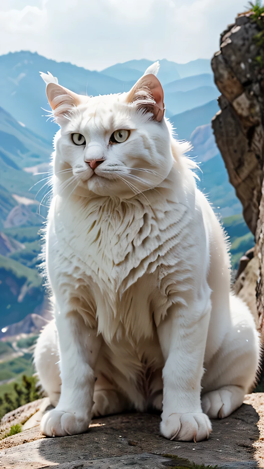 A large, pure white cat with horns looks very fierce, fangs with very thick fur on the rocks, looks very dashing with a stunning natural background, very realistic