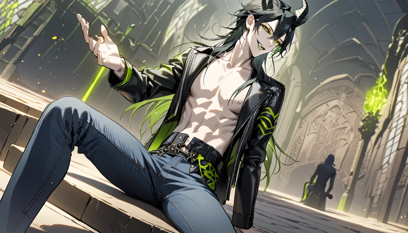 masterpiece, highres, absurdres, illustration, 1boy, sitting on floor, topless, black leather jacket, jeans, dynamic angle, malleus draconia (twisted wonderland) horns, bishounen, boy, male, yana Toboso style, long hair, black hair, yellow green eyes, smile, gray lips, handsome, skinny, tall, yellow green glow,
