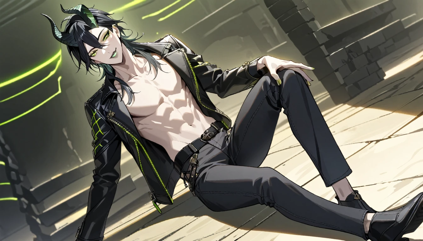masterpiece, highres, absurdres, illustration, 1boy, sitting on floor, topless, black leather jacket, jeans, dynamic angle, malleus draconia (twisted wonderland) horns, bishounen, boy, male, yana Toboso style, long hair, black hair, yellow green eyes, smile, gray lips, handsome, skinny, tall, yellow green glow,