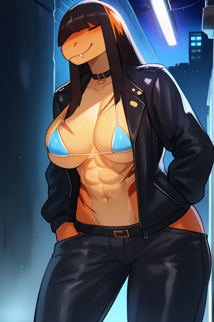 By bebebebebe, by lostgoose, by goonie-san, female, ((reptile snout, hair covering eyes, straight hair, long hair, flat hair, thin snout)), snake anthro, huge breasts, tall, muscular, abs,micro bikini, leather jacket, leather pants, exposed chest, smiling, menacing smile,fangs,back alley, dim ligth, scars on abs,Orange scales, nigth