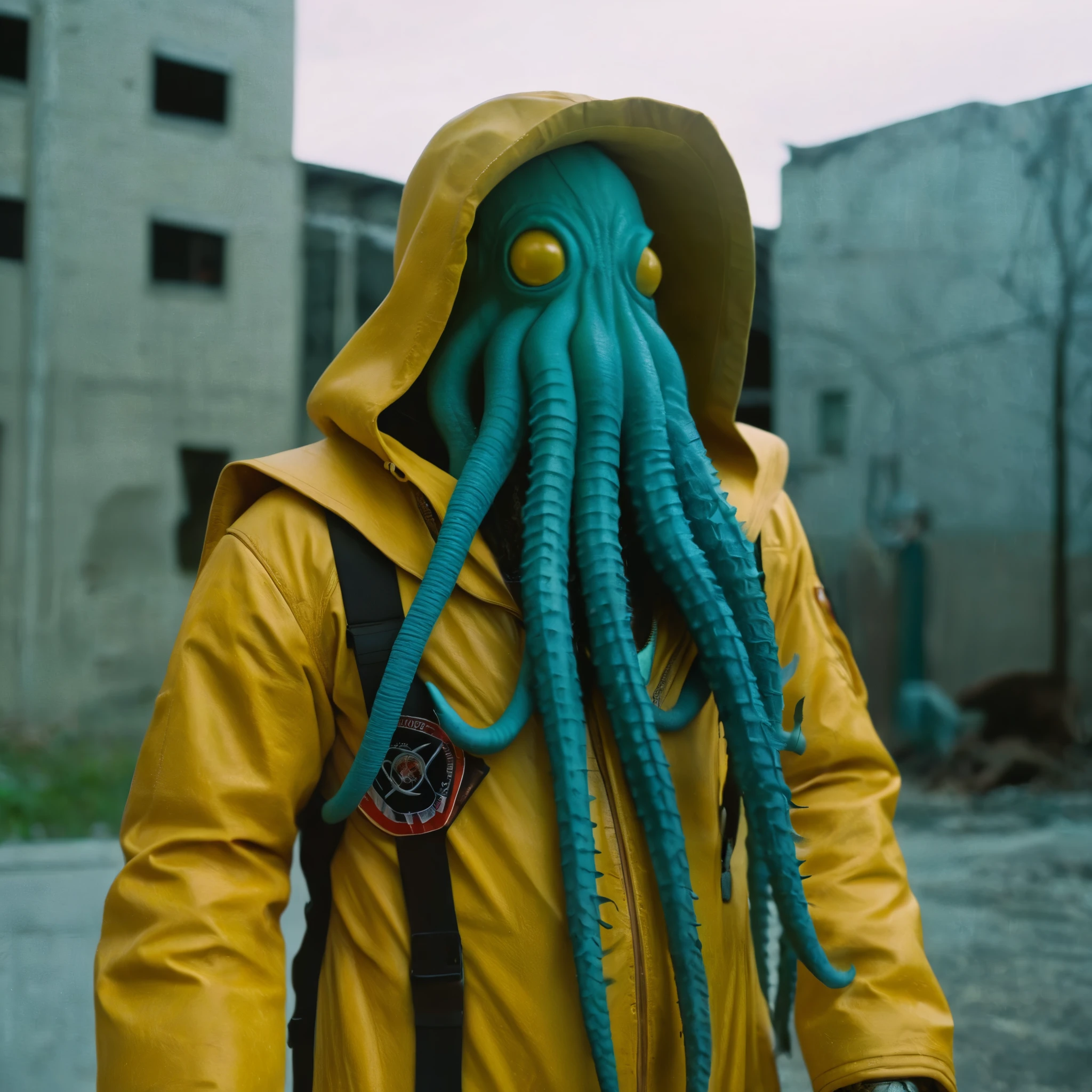 Horror-themed, In an ancient and mysterious city a person wearing a yellow helmet with yellow spikes on it carcosa city style, Don Bluth Style ASTRONAUT Cthulhu yellow Toon Doll, full body RAW candid cinema, cyan hair, 16mm, color graded portra 400 film, Eerie, unsettling, dark, spooky, suspenseful, grim, highly detailed