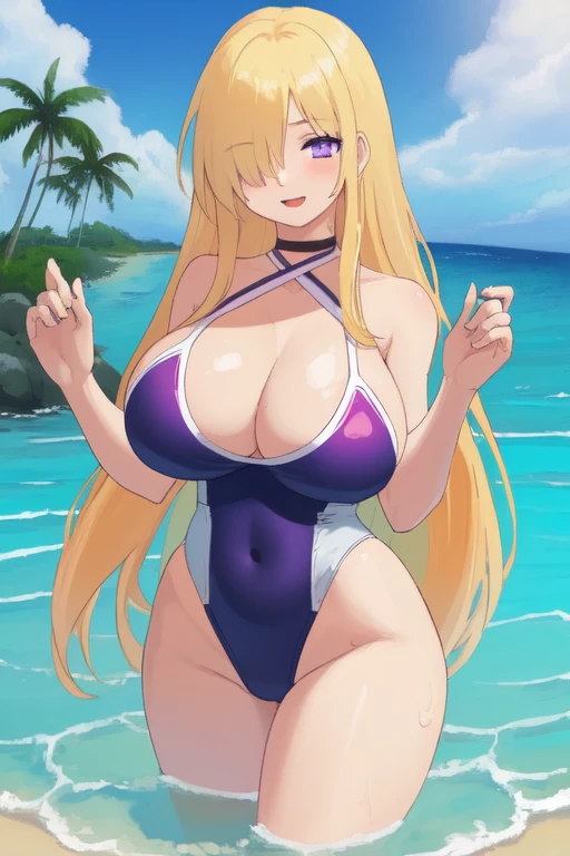 ((Best Quality)), ((Masterpiece)), (detailed), 1 girl, Pastel yellow hair, long hair, hair covers one eye, purple eyes, tight, big breasts, big thighs, Swimsuit, beach in the water happy