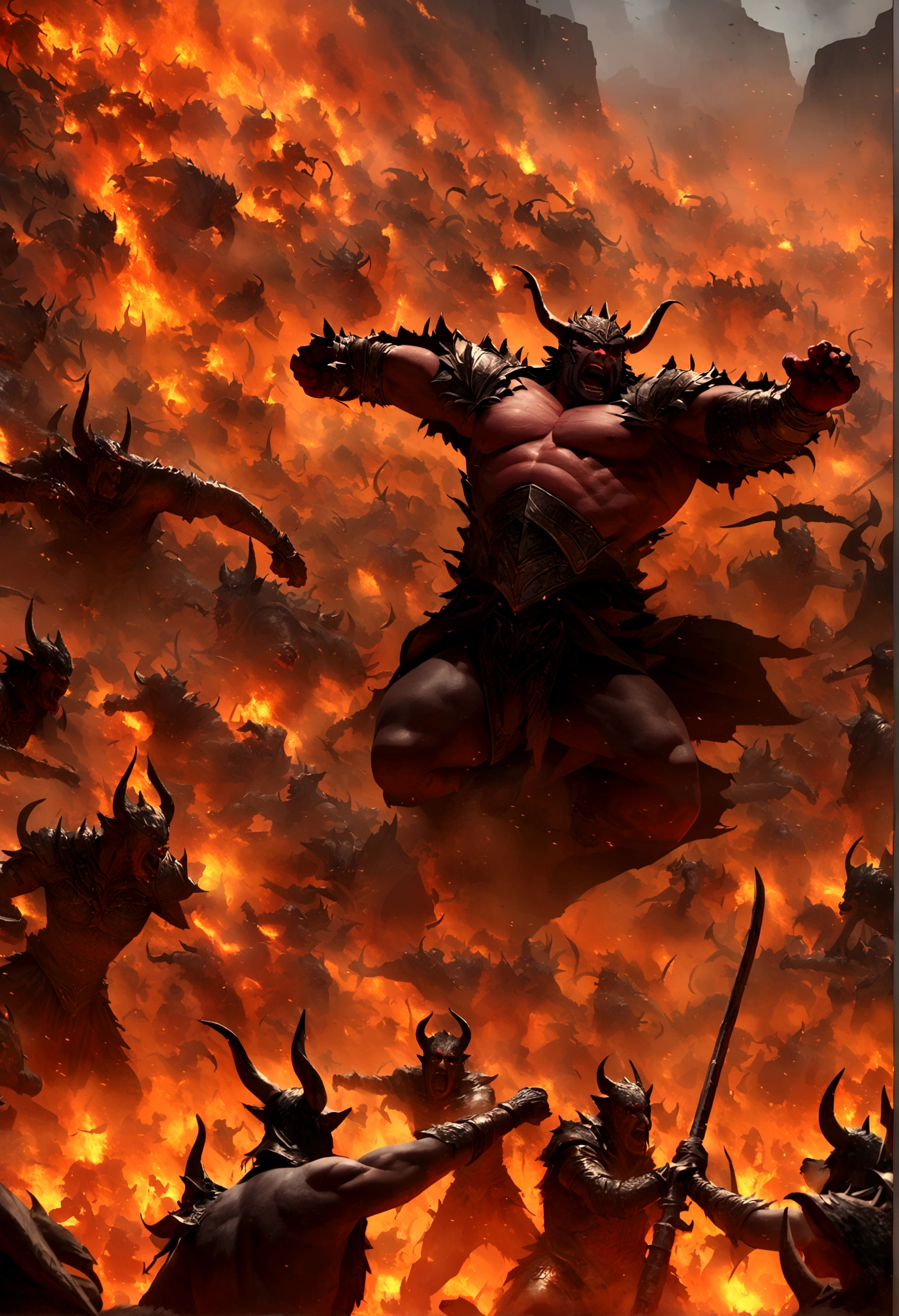 Detailed, HD , 4k, Anime warrior in hell fighting with hordes of demons, warrior, demons, hell, fight, dynamic, VFX