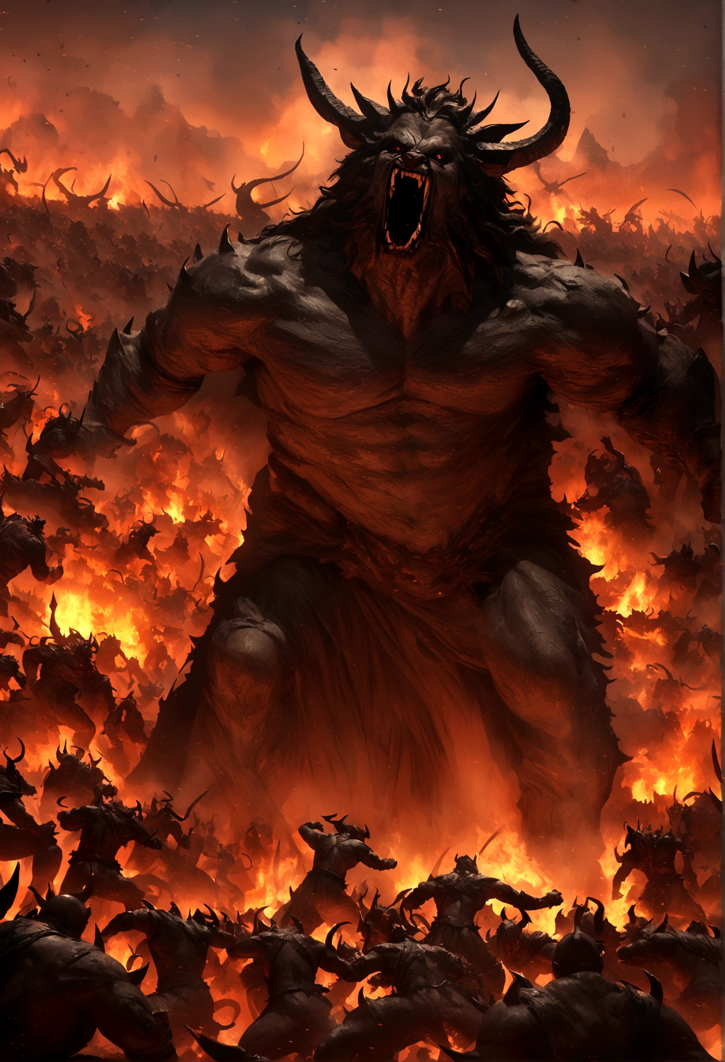 Detailed, HD , 4k, Anime warrior in hell fighting with hordes of demons, warrior, demons, hell, fight, dynamic, VFX