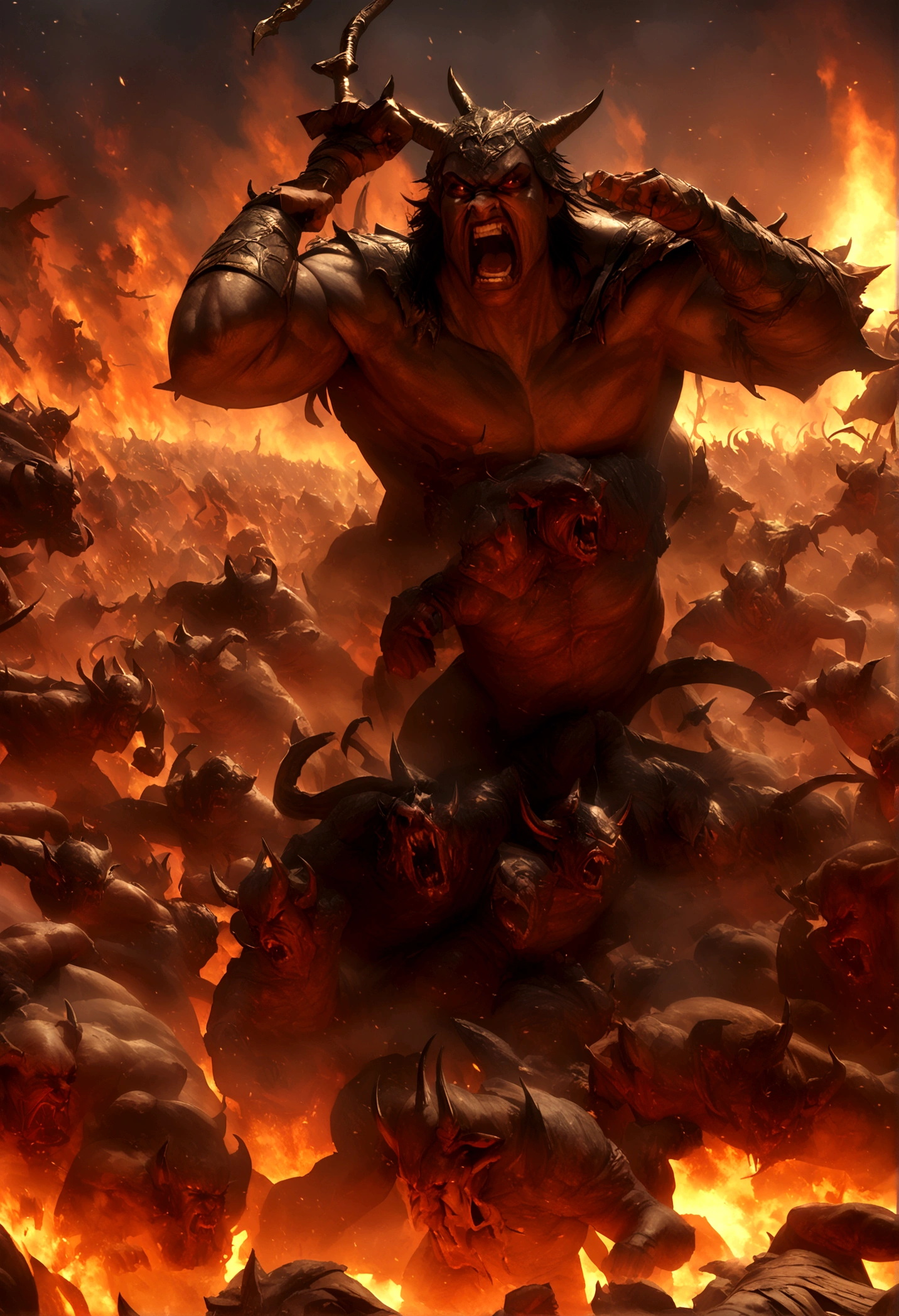 Detailed, HD , 4k, Anime warrior in hell fighting with hordes of demons, warrior, demons, hell, fight, dynamic, VFX