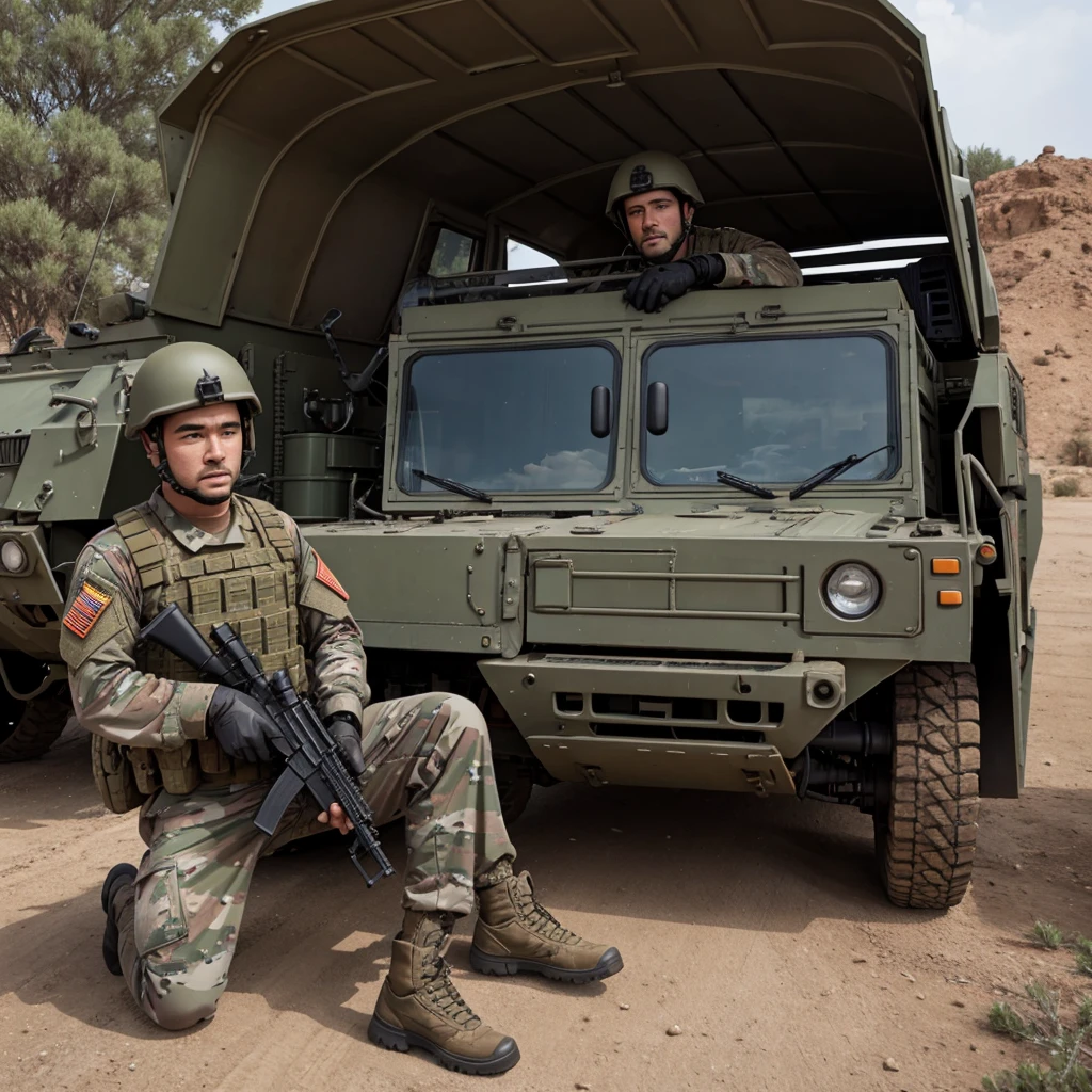 Two military soldiers, together in an armored war vehicle, soldiers holding rifles, and weapons.