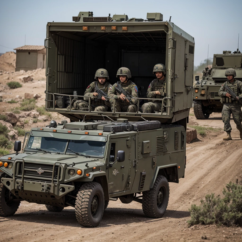 Two military soldiers, together in an armored war vehicle, soldiers holding rifles, and weapons.