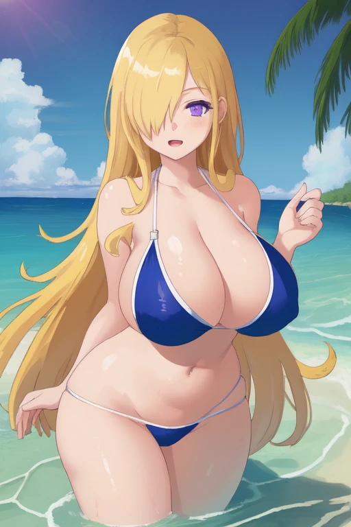((Best Quality)), ((Masterpiece)), (detailed), 1 girl, Pastel yellow hair, long hair, hair covers one eye, purple eyes, tight, big breasts, big thighs, Swimsuit, beach in the water happy