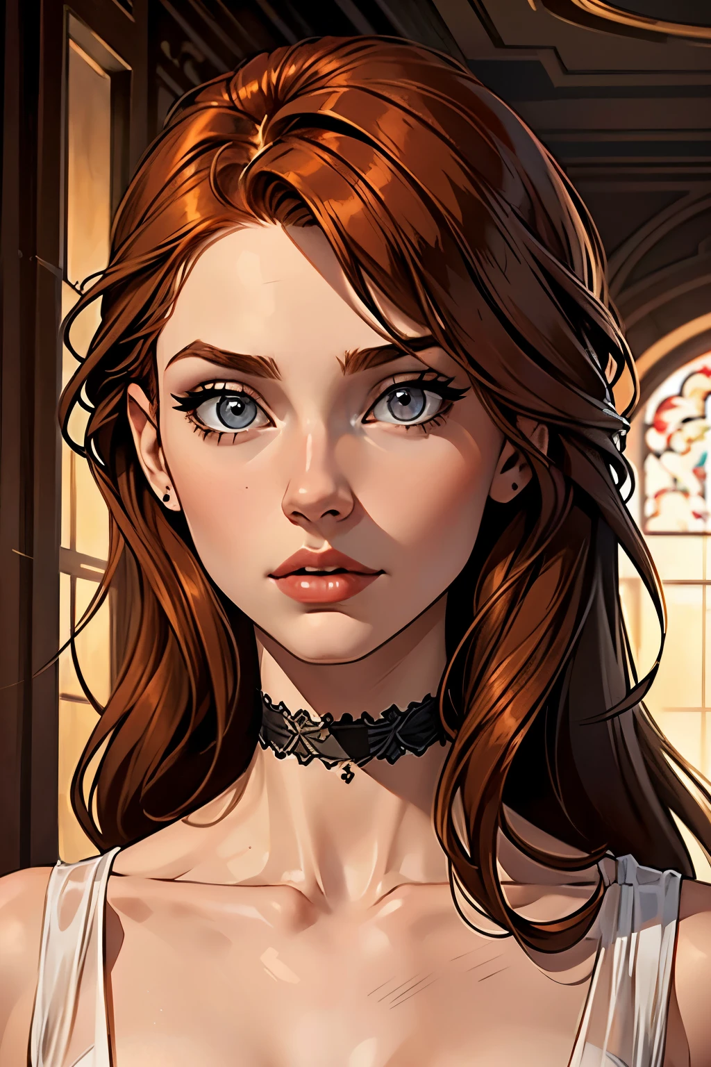 best qualityer, work of art, (realisitic: 1.2), 1 girl, slender girl, ginger hair, eyes browns, 3/4 view, face detailed, gorgeous eyes, eyes gray, eyes large, breasts small, choker, see through gown