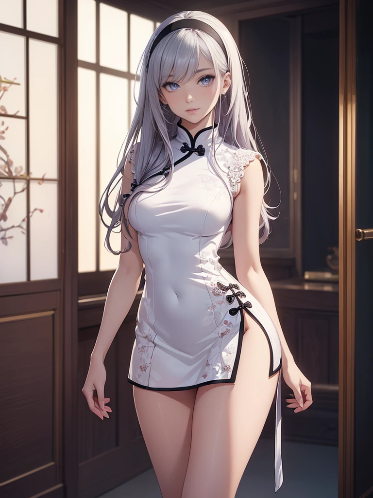 (1girl, solo), (full body, full body front:1.5), ((standing)), (perfect anatomy, perfect hands, perfect legs, perfect body), beautiful body, natural proportions BREAK

(((extremely detailed face))), (beautiful detailed eyes:1.6), (realistic pupils, realistic iris:1), expressive eyes, looking at viewer, (clear eyes:1.3), (hyperrealistic:1.2), (detailed skin texture:1.2), smooth skin, ((purple eyes)), ((silver hair)), silver hair with blue tips, long hair, (hairband:1.3), ((black hairband)), bangs, ((hair ornament)), (smile), blush, large breast, (detailed lips:1.3), (attractive lips:1.2), (glossy lips:1) BREAK

((a sexy woman dressed in a mini qipao dress)), qipao, ((white qipao:1.5)), (mini qipao:1.5), dress, ((china dress)), (mini dress:1.5), (bare legs:1.3), ((chinese clothes)), ((high slit qipao)), thighs, ass visible through thighs, ((bare shoulders)), high heels BREAK

(minimal background:1.1), (simple background:1.1) BREAK

(masterpiece:1.2), anime-style, top quality, best quality, (beautiful and aesthetic:1.2), (ultra detail:1.3), Ultra-detailed depiction, Ultra-precise depiction, extremely detailed 8k illustration, high resolution, (highly detailed shading), (realistic lighting:1.2), perfect lighting, vibrant colors, dynamic tones, striking hues, 8k, absurd resolution, perfect shadows, hdr, UHD, ambient lighting, realistic, ultra-realistic, photo realistic, highly detailed, rich detail, luminous colors, fine texture, intricate design, professional illustration, (soft light:1.2), (illustration:0.8)