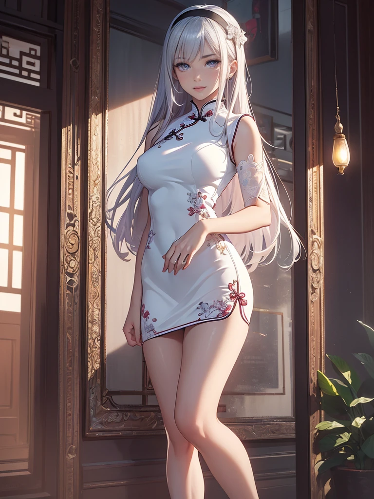 (1girl, solo), (full body, full body front:1.5), ((standing)), (perfect anatomy, perfect hands, perfect legs, perfect body), beautiful body, natural proportions BREAK

(((extremely detailed face))), (beautiful detailed eyes:1.6), (realistic pupils, realistic iris:1), expressive eyes, looking at viewer, (clear eyes:1.3), (hyperrealistic:1.2), (detailed skin texture:1.2), smooth skin, ((purple eyes)), ((silver hair)), silver hair with blue tips, long hair, (hairband:1.3), ((black hairband)), bangs, ((hair ornament)), (smile), blush, large breast, (detailed lips:1.3), (attractive lips:1.2), (glossy lips:1) BREAK

((a sexy woman dressed in a mini qipao dress)), qipao, ((white qipao:1.5)), (mini qipao:1.5), dress, ((china dress)), (mini dress:1.5), (bare legs:1.3), ((chinese clothes)), ((high slit qipao)), thighs, ass visible through thighs, ((bare shoulders)), high heels BREAK

(minimal background:1.1), (simple background:1.1) BREAK

(masterpiece:1.2), anime-style, top quality, best quality, (beautiful and aesthetic:1.2), (ultra detail:1.3), Ultra-detailed depiction, Ultra-precise depiction, extremely detailed 8k illustration, high resolution, (highly detailed shading), (realistic lighting:1.2), perfect lighting, vibrant colors, dynamic tones, striking hues, 8k, absurd resolution, perfect shadows, hdr, UHD, ambient lighting, realistic, ultra-realistic, photo realistic, highly detailed, rich detail, luminous colors, fine texture, intricate design, professional illustration, (soft light:1.2), (illustration:0.8)