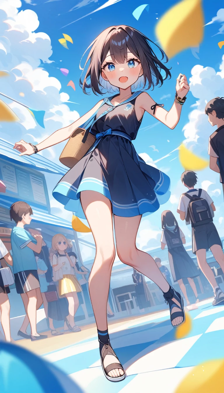 Whole body expression、1 girl、blue eyes、blue sky景色、summer、blue sky、cloud、youth、Solo Focus、Hair color: brown or black、student