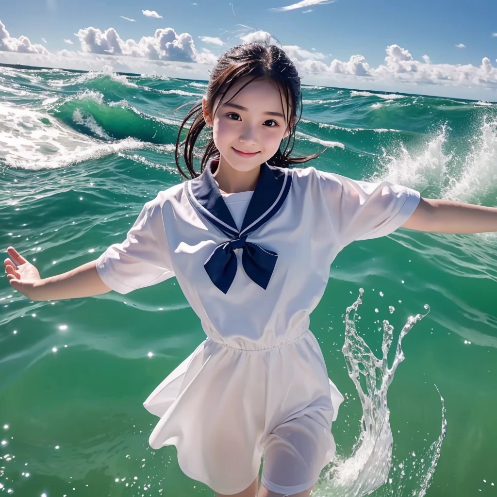 1girl,masterpiece, 12 years old;beautiful girl、8K quality, High definition, realistic pictures, professional writing, There is a woman jumping in the air from underwater to the sky., ((A pose that looks like dancing with the face facing upwards)), face upwards, dance in the air,artistic swimming,  jump towards the viewer, jump towards viewer, she is floating in the air, jump into the air, jump on the audience, jump, jump with arms up, floating in the air, floating on the ground, Jump for joy, jump pose, horizontally jump!!!, wearing a sailor suit, high school girl,((Big wave crashing down)), ((Splashes of water splashing from the body)),  Clear blue sky and white clouds, Sunlight flares