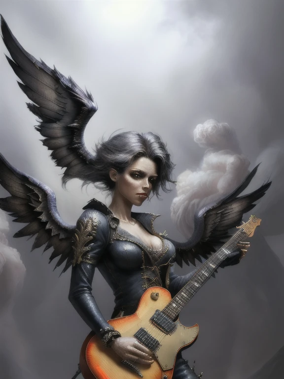 masterpiece, best quality, 8K, HDR, ultra detailed, masterpiece, absurdres, extremely detailed, A woman with a guitar and wings in a smokey photo