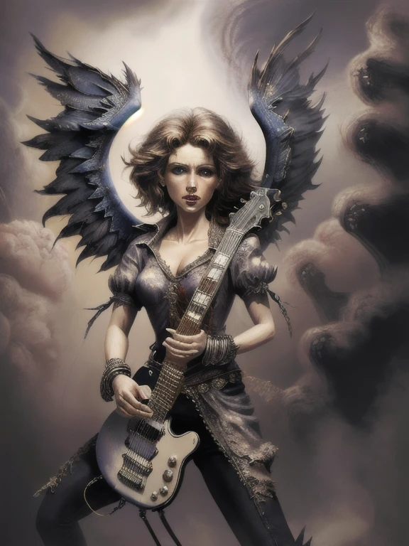 masterpiece, best quality, 8K, HDR, ultra detailed, masterpiece, absurdres, extremely detailed, A woman with a guitar and wings in a smokey photo