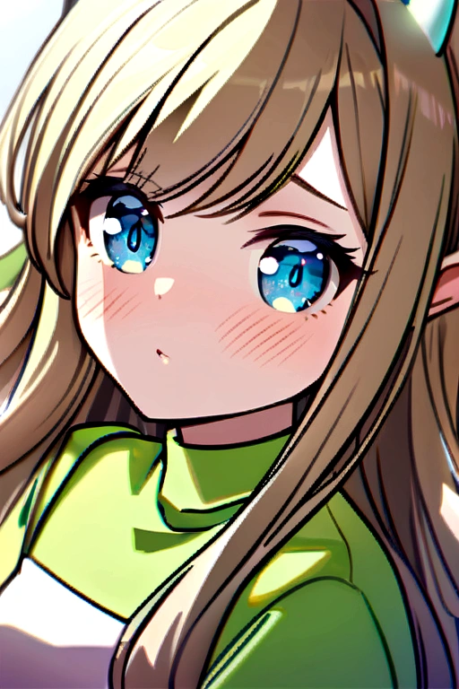 White girl with yellow and white horns, she has long brown hair, she wears a green long-sleeved shirt, she has blue eyes with a light shade of green, she is blushing.