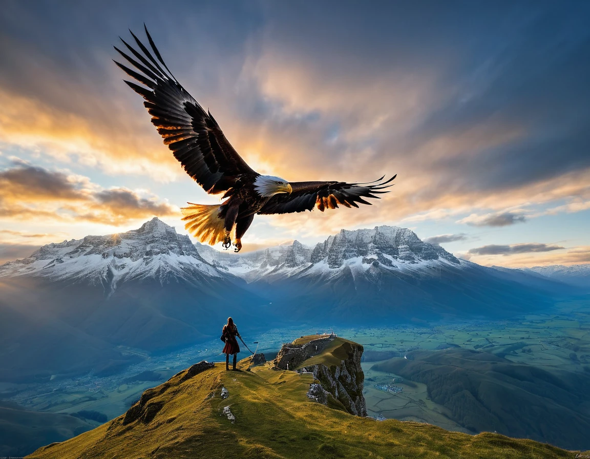 (Une sublime archeress sur le dos d'un aigle), s'envole dans un ciel radieux, (un seul arc tendu à la main), long cheveux flottants, la flèche tendue vers le soleil couchant, une flèche vient d'être décochée,  vue de côté , pose dynamique , bouche ouverte elle hurle sa rage de vaincre , ((archeress , en lévitation)) , proportions parfaites, masterpiece, hyperRéaliste, masterpiece, superior quality, high resolution, Extremely detailed, highly detailed 8K wallpaper, détails fractales, 