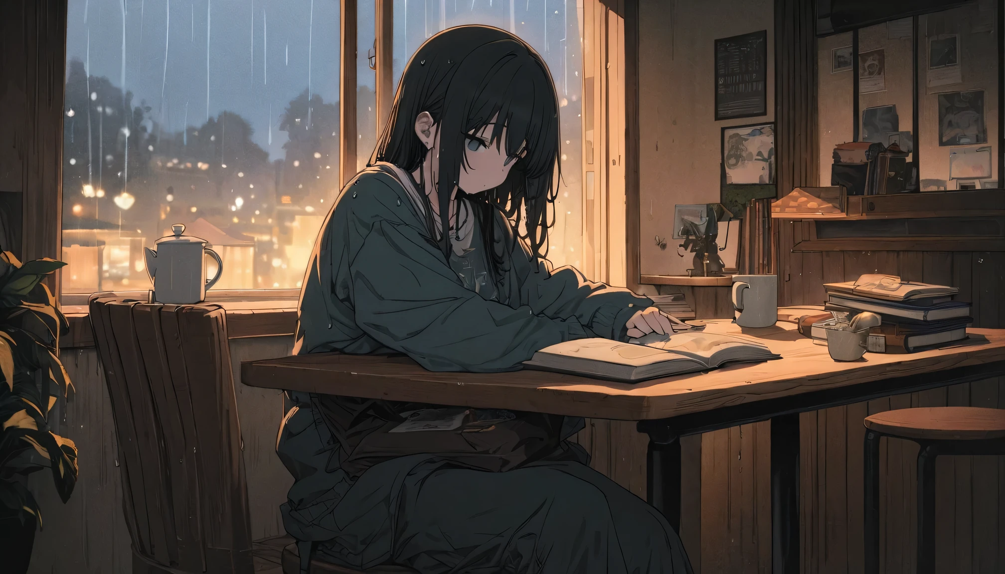 ((anime:1.4,figure)),(masterpiece, Highest quality, Highest quality),(Super detailed, The absolute solution),((16K, High resolution)), (((Cozy café interior, Wet day, Comfortable chair, Book, soft, Large window with raindrops, A cup of steaming coffee on a table, Warm indirect lighting creates a calm atmosphere))), ((anime:1.4, figure)),(masterpiece, Highest quality, Highest quality),(Super detailed, The absolute solution),((16K, High resolution)) break {Lofi Art, Laurie Griesley's style, Makoto Shinkai&#39;s Style, anime aesthetic}, break { (Generates images with over 40 million pixels of information with the detailed texture of films shot with Sony SLR cameras。).}