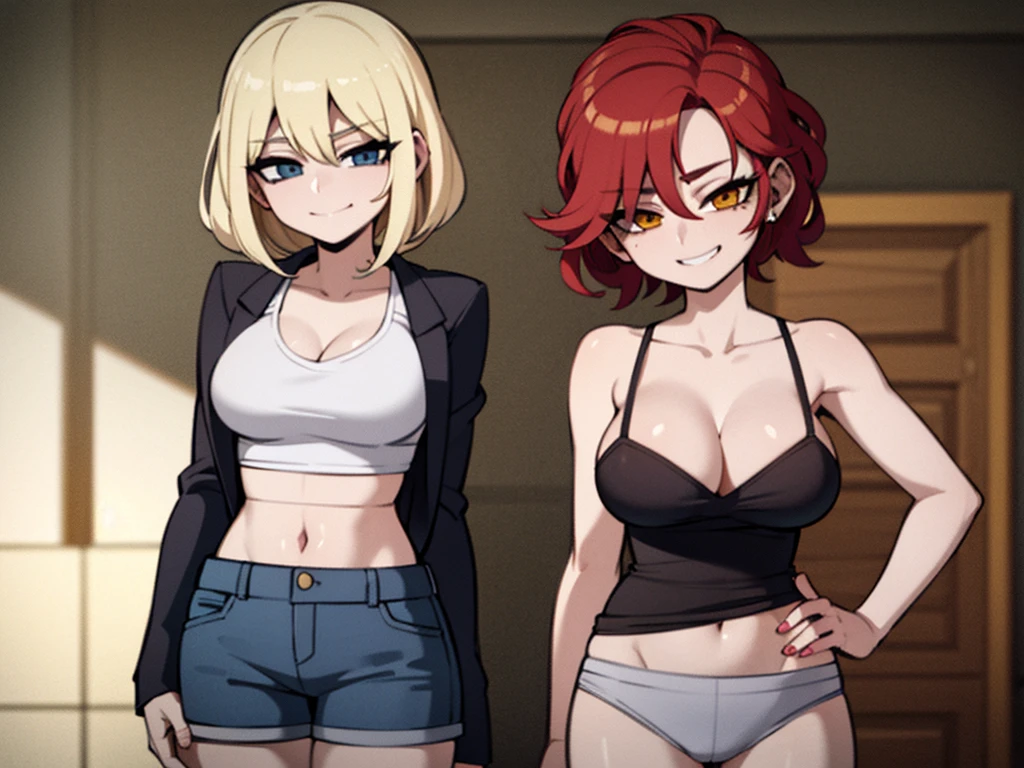 two sexy women on a date with boy with blonde hair and shorts between them, flirtatious smiles, women have auburn hair