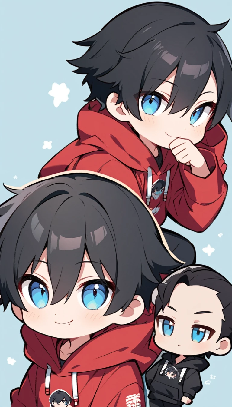 Create an anime style illustration. The character is in chibi style. The character is a young man with short black hair and blue eyes. He is wearing a red hoodie with a black hood. The character has a slightly mischievous expression. He is smiling with one corner of his mouth turned up. The background is a simple light blue color. Two-headed. One person whole body