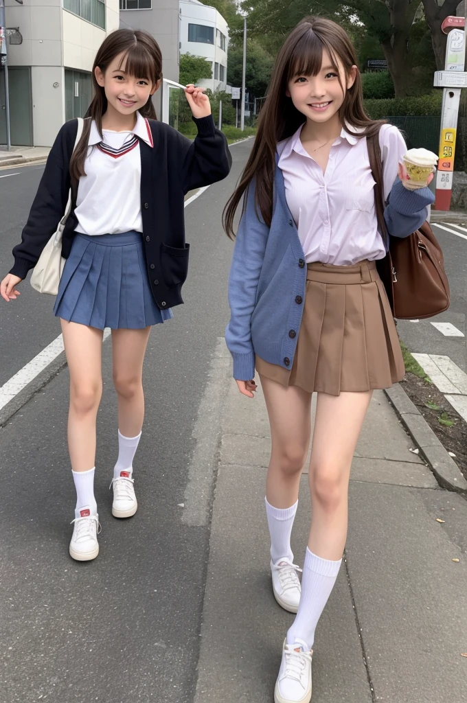 Two very cute realistic girls,Japanese,nsfw,School uniform Wearing a cardigan around his waist loose socks,topless, On the way home from school,whole body, smile, Holding ice cream in hand,Long brown hair,