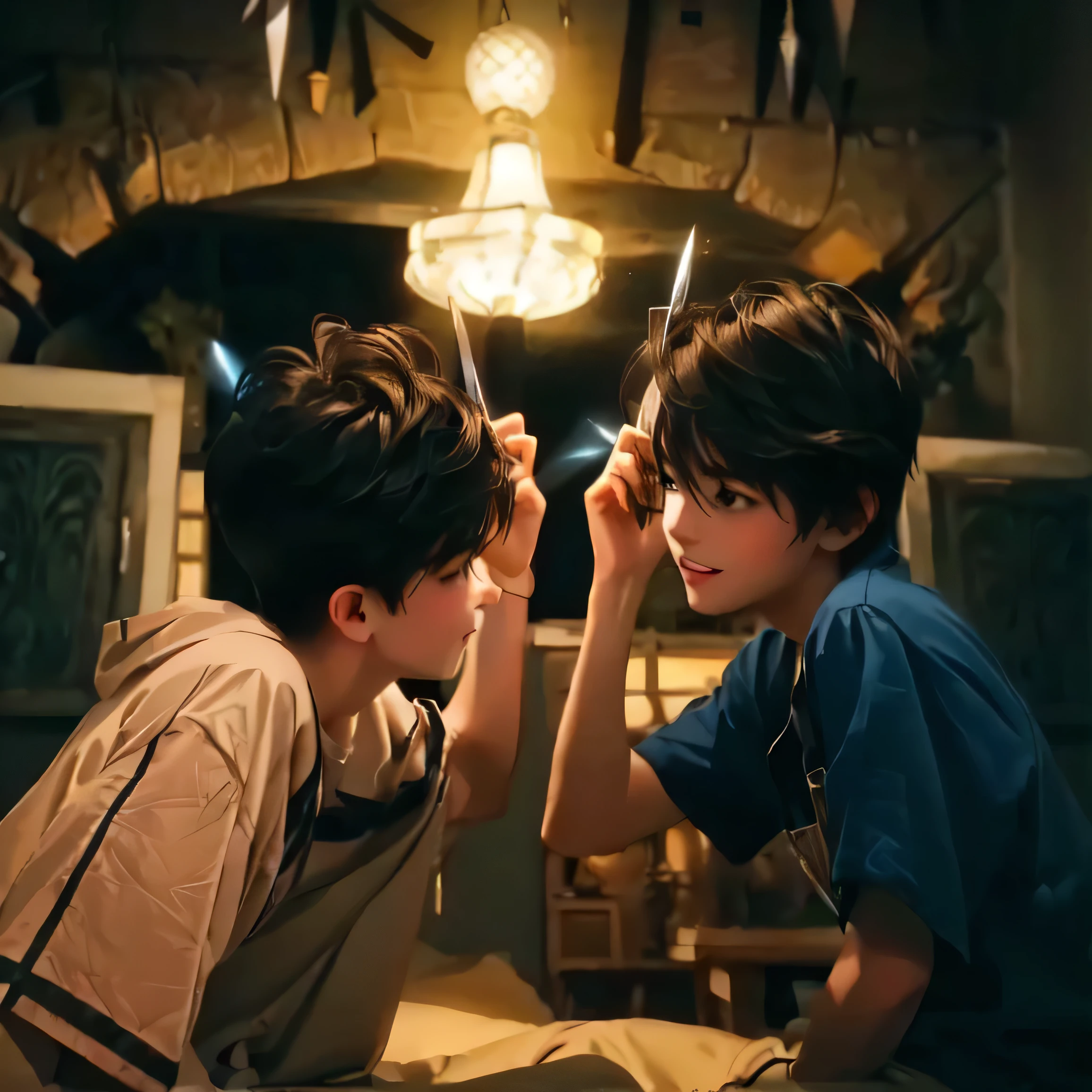 two young boys are playing with scissors in a dimly lit room, still from a live action movie, # film, scene from live action movie, moviestill, japanese live-action movie, wide film still, screenshot from a movie, high quality film still, lofi, highlight scene of the movie, still from the movie, photo 1 5 mm.
