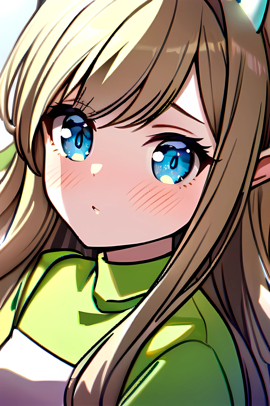 White girl with yellow and white horns, she has long brown hair, she wears a green long-sleeved shirt, she has blue eyes with a light shade of green, she is blushing.