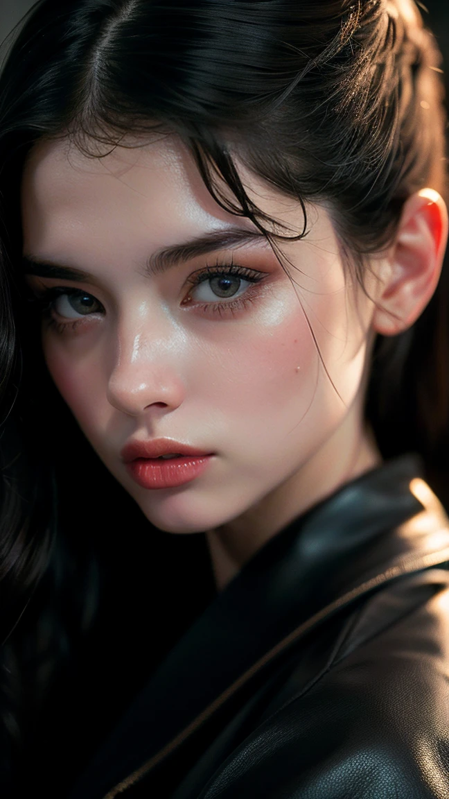 (((ultra realistic))) Photo, Masterpiece, Superior quality, pale skin, (ultra detailed face and eyes.:1.2), 1 girl, (naked) , gloomy atmosphere, dark background, (eye makeup, mask) , ((dark wavy hair)) , ((stylish hairstyle)) , natural breasts . ((posing)) , (body curves), Sesión de Photos, studio (Contour lighting),, (Special attention to leather details.: 1.2), detailed leather texture, skin pores, (film grain, VHS effect), ((close-up portrait)), ultra detialed,