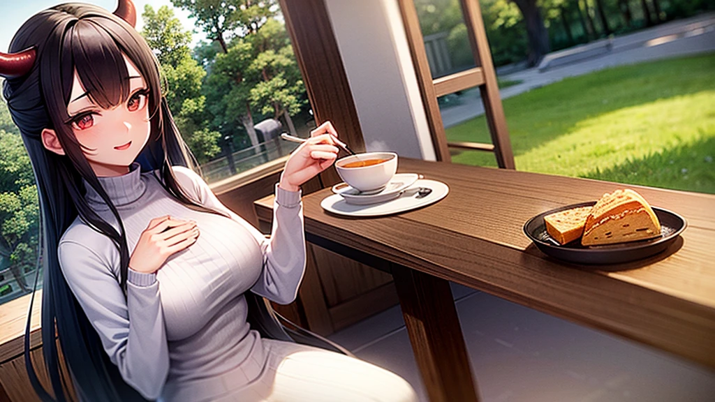 establishing shot, Best Quality, Masterpiece, high resolution, detailed, albedo, demon horns, Very long black hair, (SMILE:0.8), sitting in a chair at a table in a bakery, tea and cake on the table, garden in the background outside the window, wearing a white turtleneck sweater and dark pants
