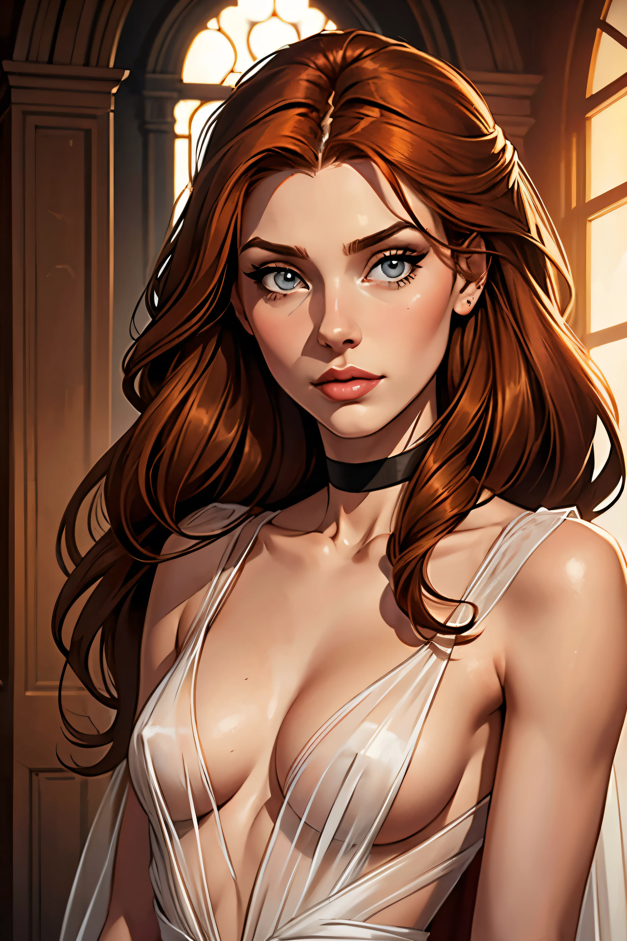 best qualityer, work of art, (realisitic: 1.2), 1 girl, slender girl, ginger hair, eyes browns, 3/4 view, face detailed, gorgeous eyes, eyes gray, eyes large, breasts small, choker, see through gown