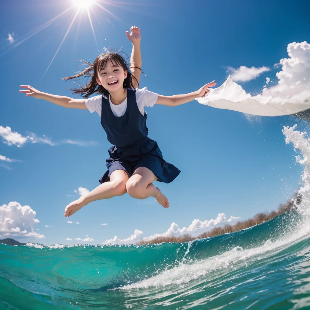 1girl,masterpiece, 12 years old;beautiful girl、8K quality, High definition, realistic pictures, professional writing, There is a woman jumping in the air from underwater to the sky., ((A pose that looks like dancing with the face facing upwards)), face upwards, dance in the air,artistic swimming, jump towards the viewer, jump towards viewer, she is floating in the air, jump into the air, jump on the audience, jump, jump with arms up, floating in the air, floating on the ground, Jump for joy, jump pose, horizontally jump!!!, wearing a sailor suit, high school girl,((Big wave crashing down)), ((Splashes of water splashing from the body)), Clear blue sky and white clouds, Sunlight flares