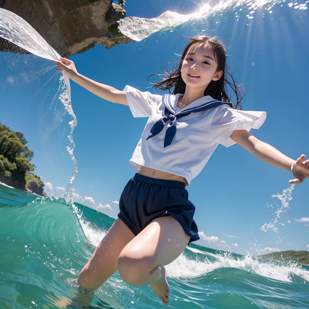 1girl,masterpiece, ;beautiful girl、8K quality, High definition, realistic pictures, professional writing, There is a woman jumping in the air from underwater to the sky., ((A pose that looks like dancing with the face facing upwards)), face upwards, dance in the air,artistic swimming, jump towards the viewer, jump towards viewer, she is floating in the air, jump into the air, jump on the audience, jump, jump with arms up, floating in the air, floating on the ground, Jump for joy, jump pose, horizontally jump!!!, wearing a sailor suit, high school girl,((Big wave crashing down)), ((Splashes of water splashing from the body)), Clear blue sky and white clouds, Sunlight flares