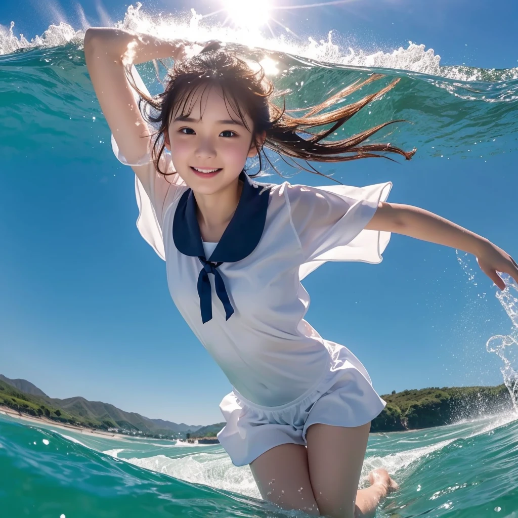 1girl,masterpiece, 12 years old;beautiful girl、8K quality, High definition, realistic pictures, professional writing, There is a woman jumping in the air from underwater to the sky., ((A pose that looks like dancing with the face facing upwards)), face upwards, dance in the air,artistic swimming, jump towards the viewer, jump towards viewer, she is floating in the air, jump into the air, jump on the audience, jump, jump with arms up, floating in the air, floating on the ground, Jump for joy, jump pose, horizontally jump!!!, wearing a sailor suit, high school girl,((Big wave crashing down)), ((Splashes of water splashing from the body)), Clear blue sky and white clouds, Sunlight flares