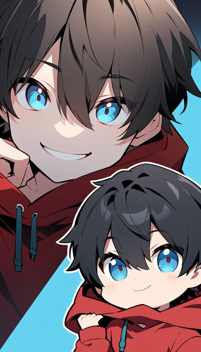 Create an anime style illustration. The character is in chibi style. The character is a young man with short black hair and blue eyes. He is wearing a red hoodie with a black hood. The character has a slightly mischievous expression. He is smiling with one corner of his mouth turned up. The background is a simple light blue color.
