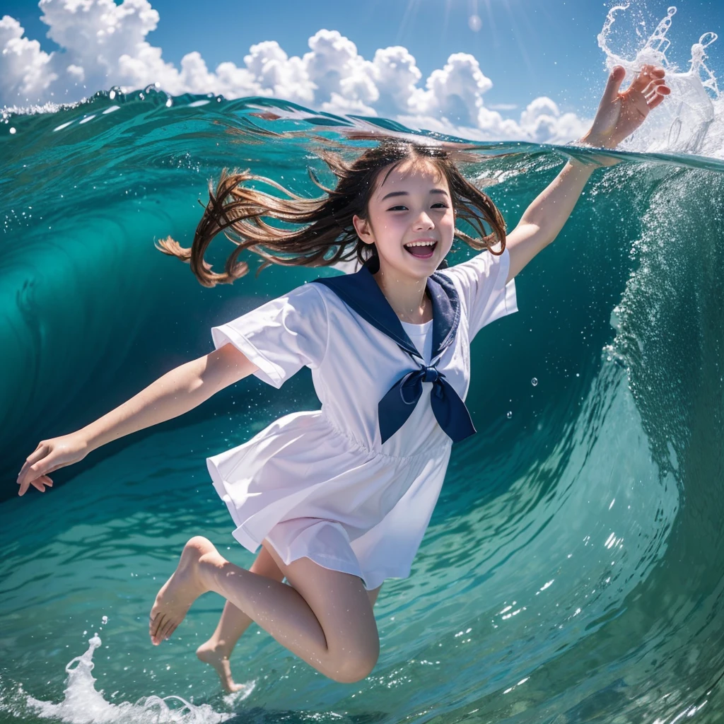 1girl,masterpiece, ;beautiful girl、8K quality, High definition, realistic pictures, professional writing, There is a woman jumping in the air from underwater to the sky., ((A pose that looks like dancing with the face facing upwards)), face upwards, dance in the air,artistic swimming,  jump towards the viewer, jump towards viewer, she is floating in the air, jump into the air, jump on the audience, jump, jump with arms up, floating in the air, floating on the ground, Jump for joy, jump pose, horizontally jump!!!, wearing a sailor suit, high school girl,((Big wave crashing down)), ((Splashes of water splashing from the body)),  Clear blue sky and white clouds, Sunlight flares