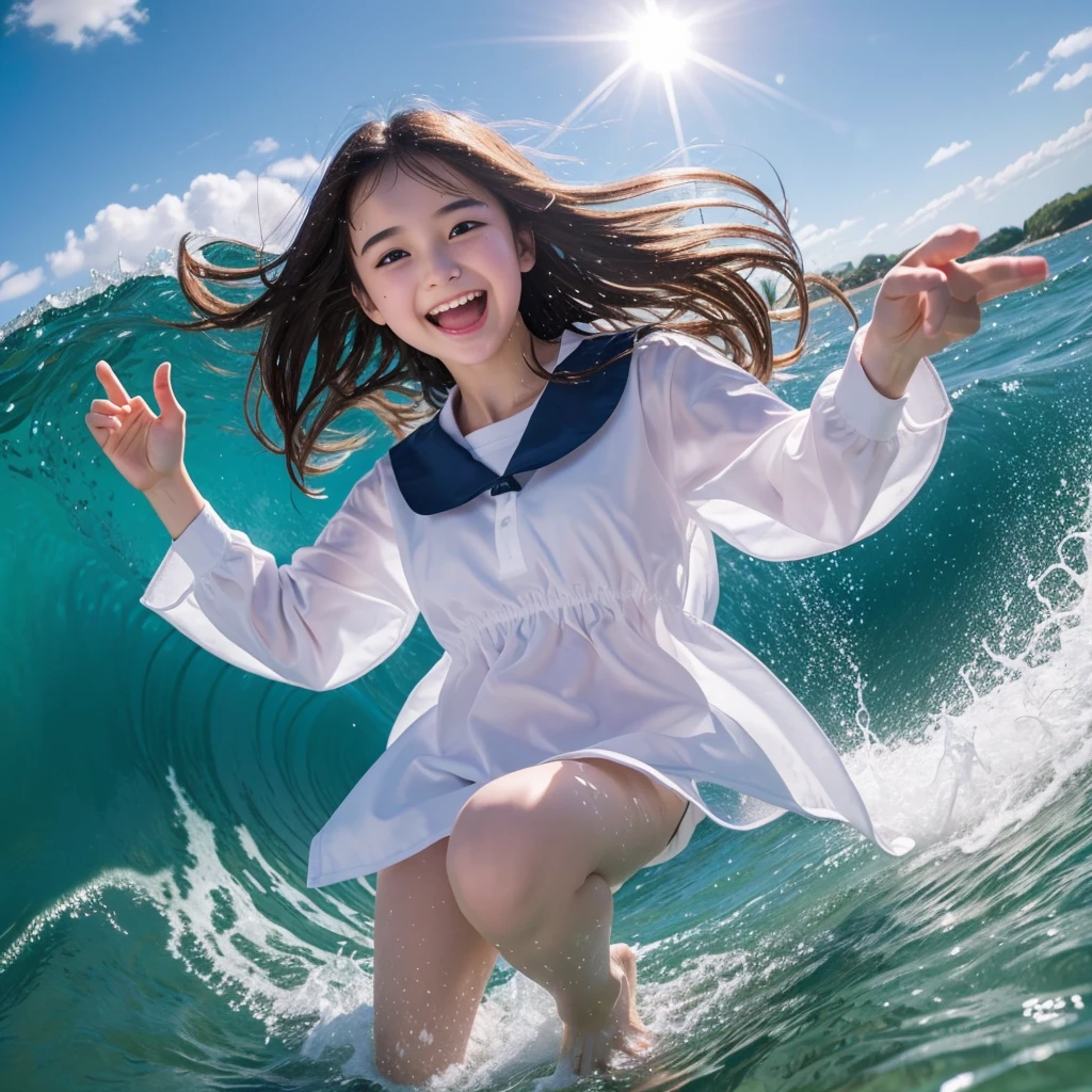 1girl,masterpiece, 12 years old;beautiful girl、8K quality, High definition, realistic pictures, professional writing, There is a woman jumping in the air from underwater to the sky., ((A pose that looks like dancing with the face facing upwards)), face upwards, dance in the air,artistic swimming, jump towards the viewer, jump towards viewer, she is floating in the air, jump into the air, jump on the audience, jump, jump with arms up, floating in the air, floating on the ground, Jump for joy, jump pose, horizontally jump!!!, wearing a sailor suit, high school girl,((Big wave crashing down)), ((Splashes of water splashing from the body)), Clear blue sky and white clouds, Sunlight flares