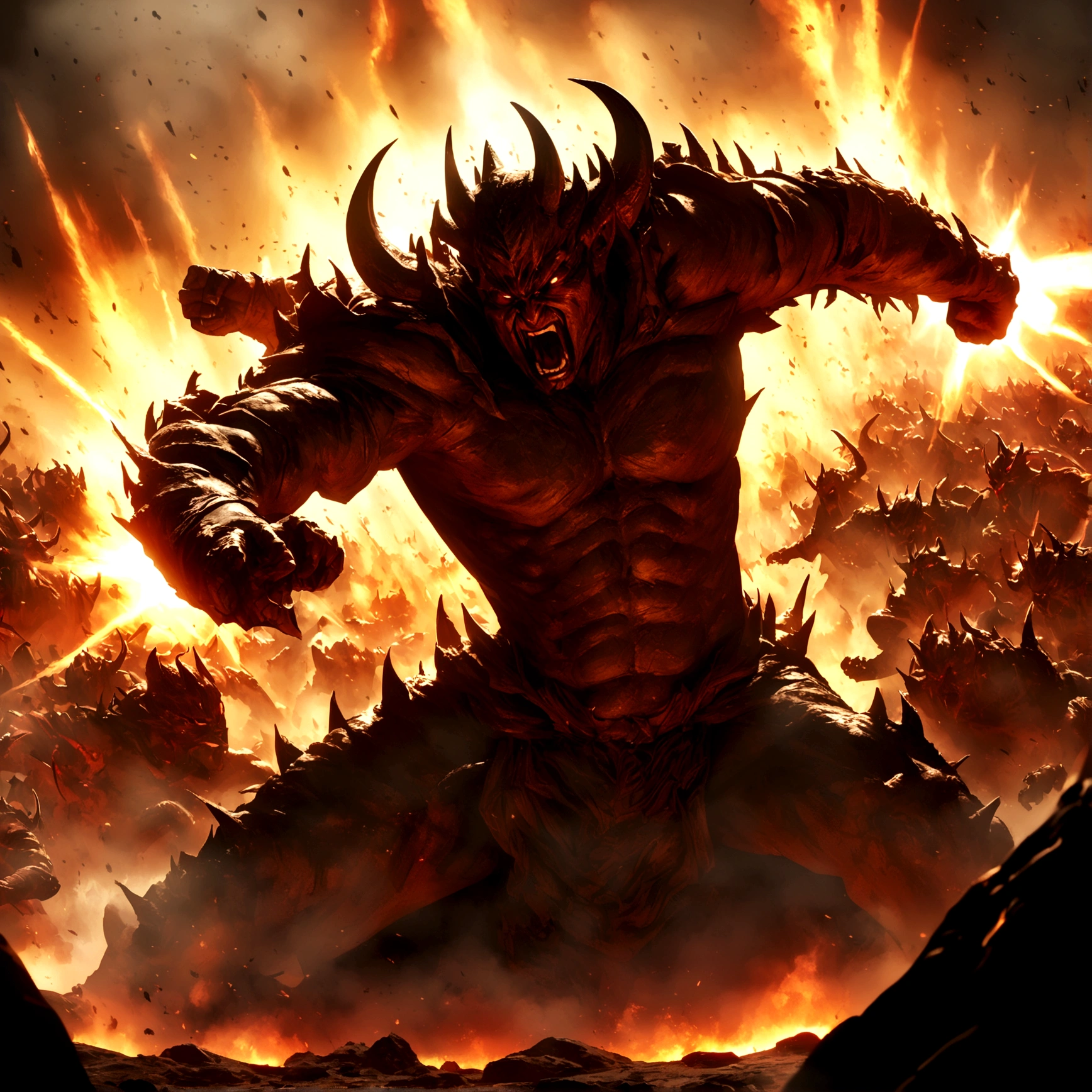 Detailed, HD , 4k, Anime human warrior in hell, fighting with hordes of demons, warrior, demons, hell, fight, dynamic, VFX